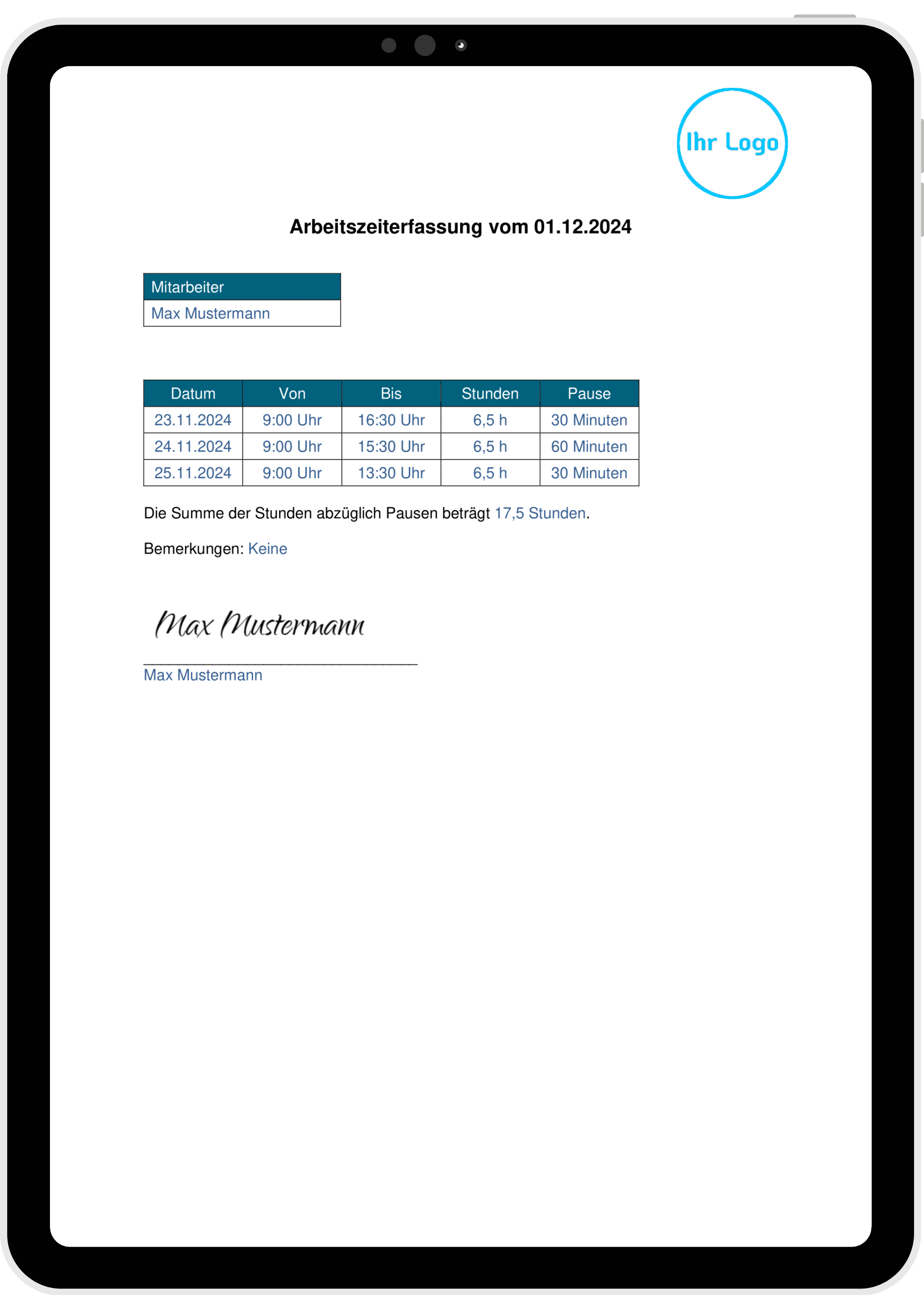 Arbeitszeiterfassung Vorschau