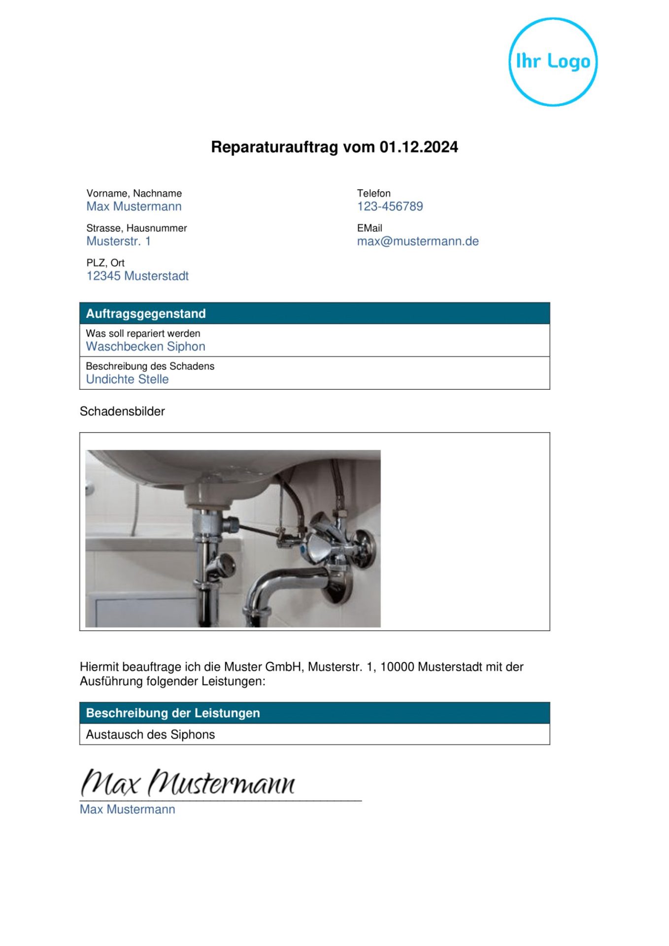 Reparaturauftrag Vorlage