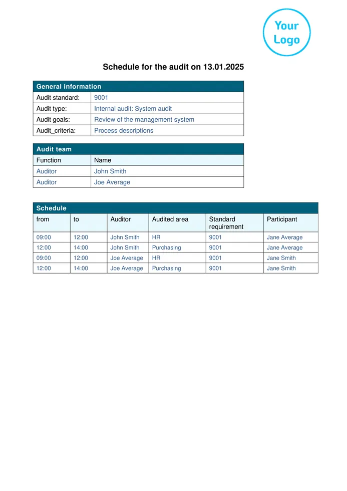 Audit Schedule form template: sample PDF from the Formtastic app