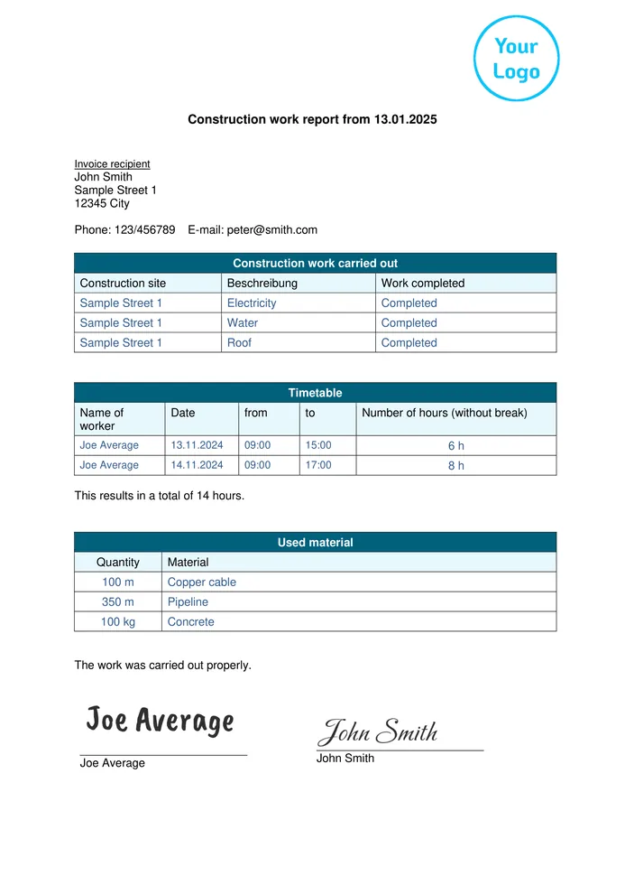 Construction Work Report: example from the Formtastic template gallery