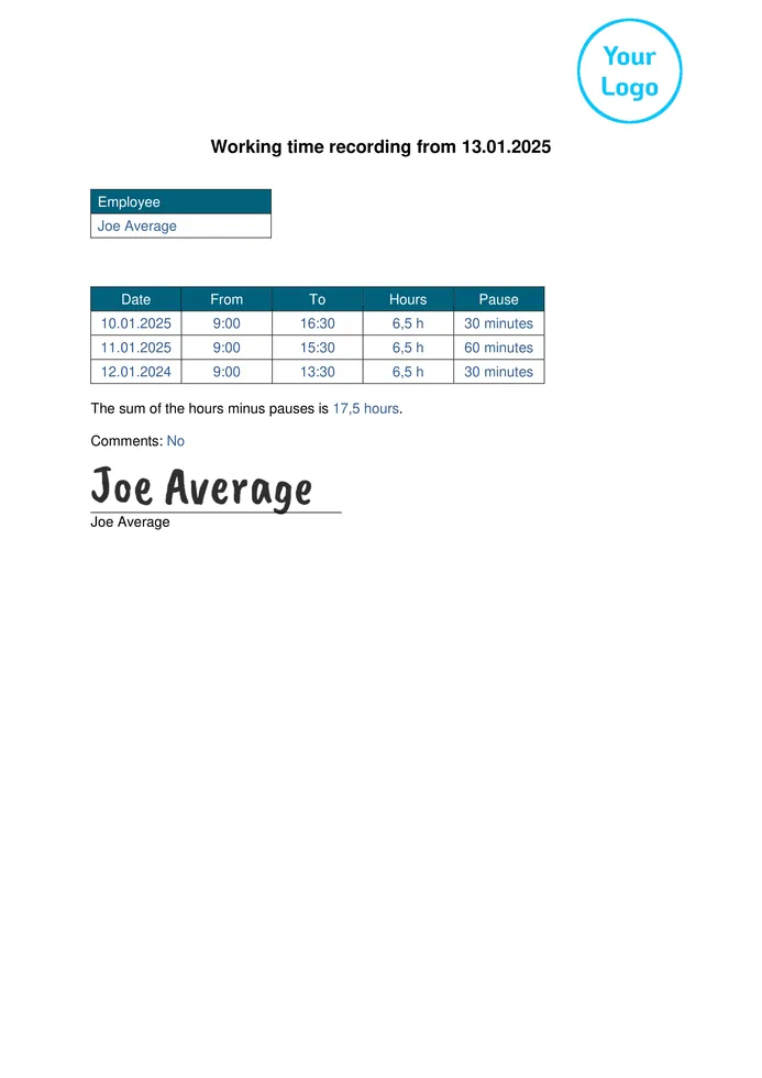 Working time recording template