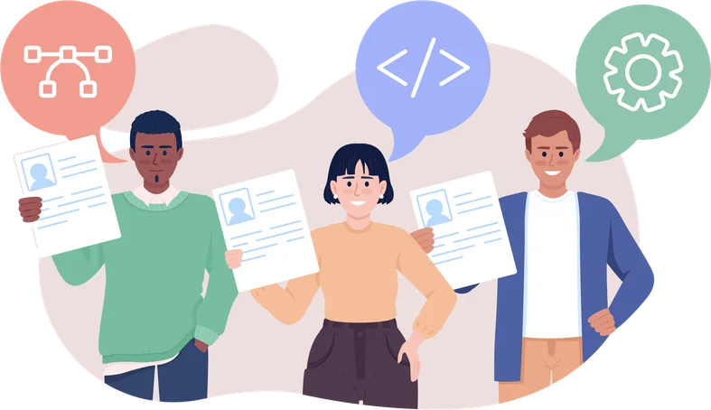 Illustration: three people holding forms – flexibly customizable forms with Formtastic