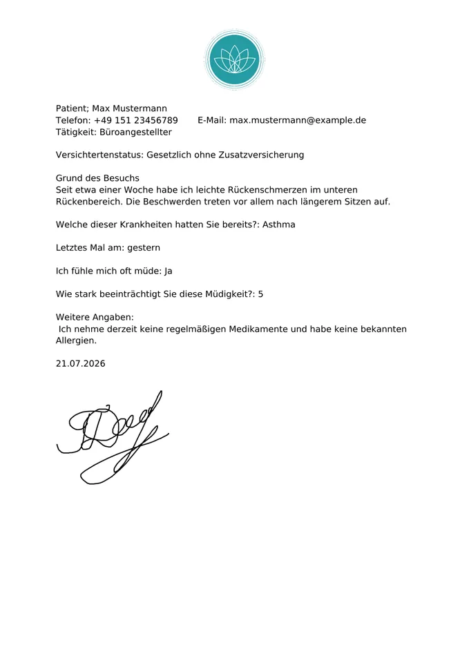 Formularvorlage Anamnesebogen: Beispiel-PDF aus der Formtastic App