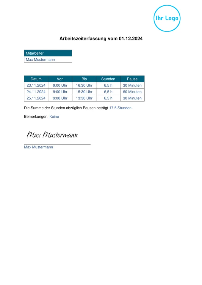 Formularvorlage Arbeitszeiterfassung: Beispiel-PDF aus der Formtastic App