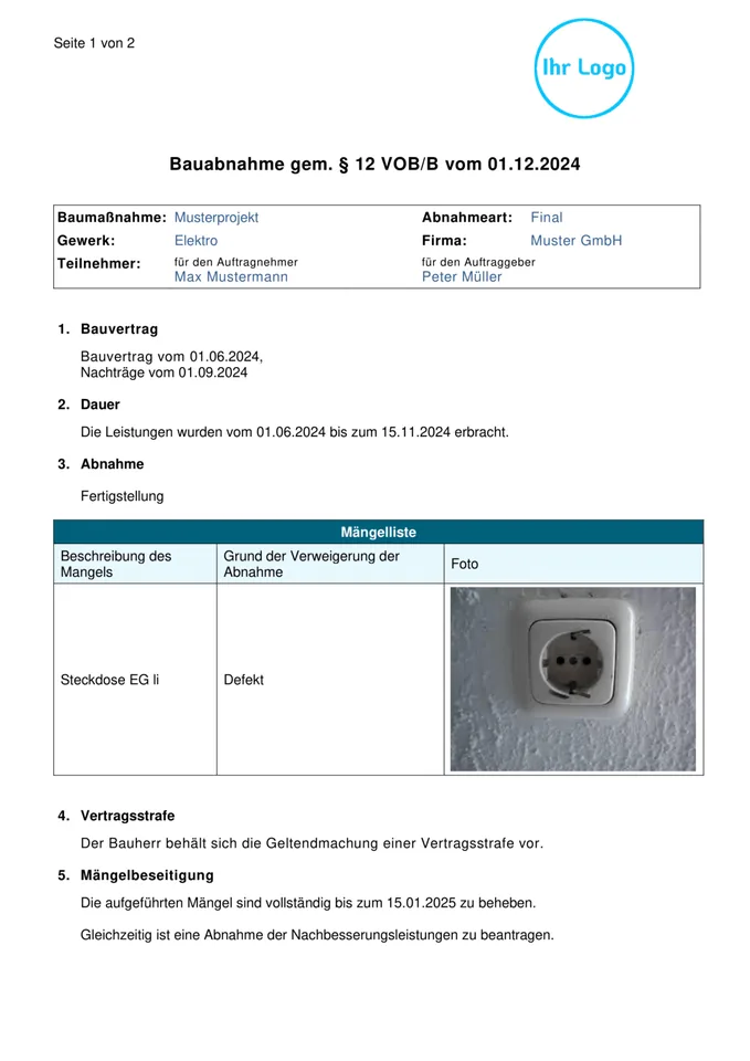 Formularvorlage Bauabnahme-Protokoll: Beispiel-PDF aus der Formtastic App