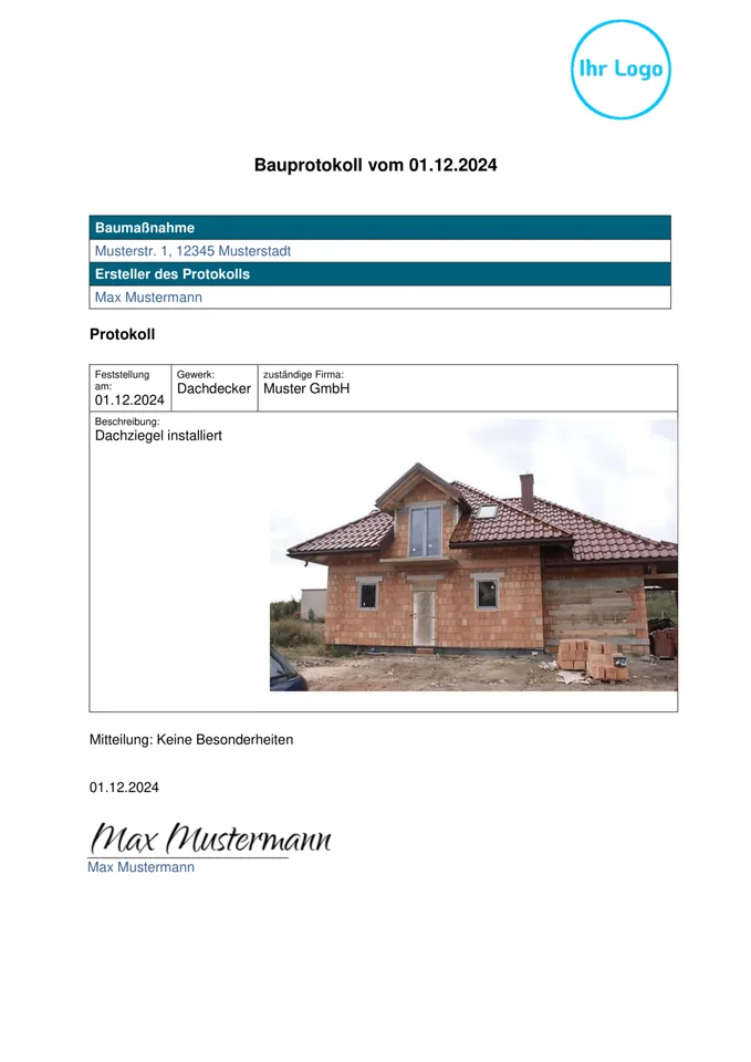 Formularvorlage Bauprotokoll: Beispiel-PDF aus der Formtastic App