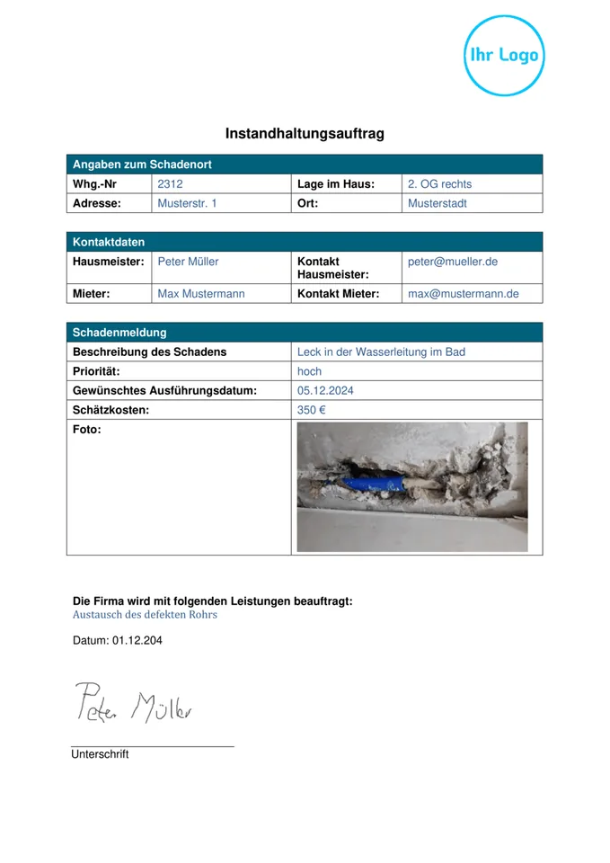 Formularvorlage Instandhaltungsauftrag: Beispiel-PDF aus der Formtastic App