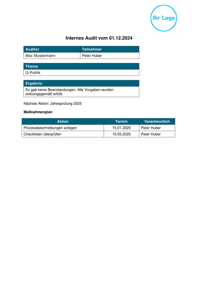 Formularvorlage Internes Audit: Beispiel-PDF aus der Formtastic App
