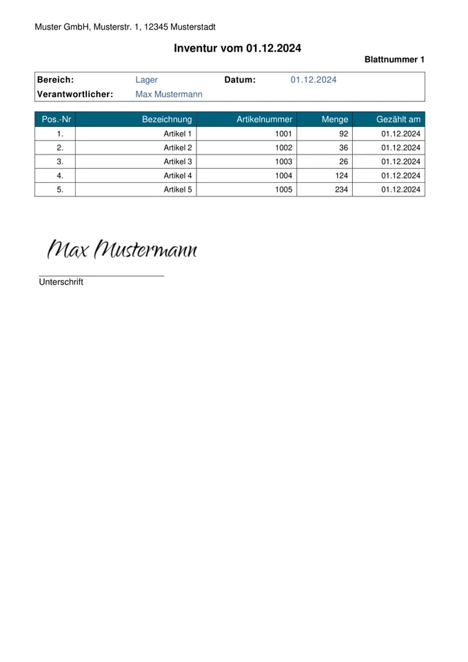 Formularvorlage Inventur: Beispiel-PDF aus der Formtastic App