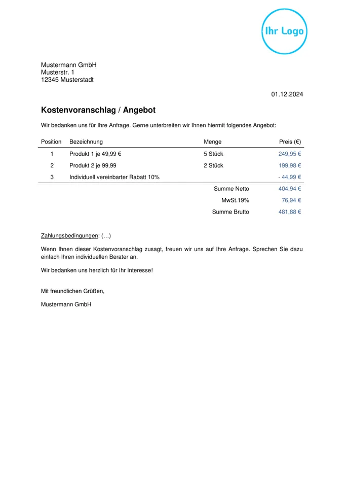 Formularvorlage Kostenvoranschlag: Beispiel-PDF aus der Formtastic App