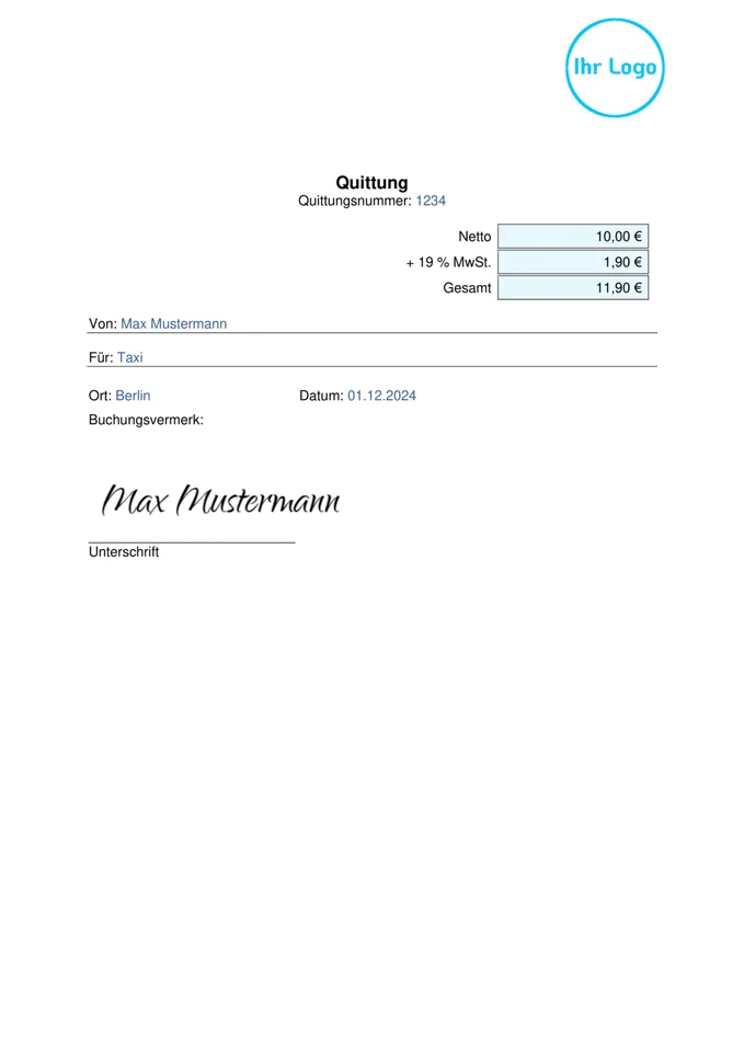 Formularvorlage Quittung: Beispiel-PDF aus der Formtastic App