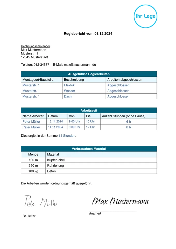 Formularvorlage Regiebericht: Beispiel-PDF aus der Formtastic App