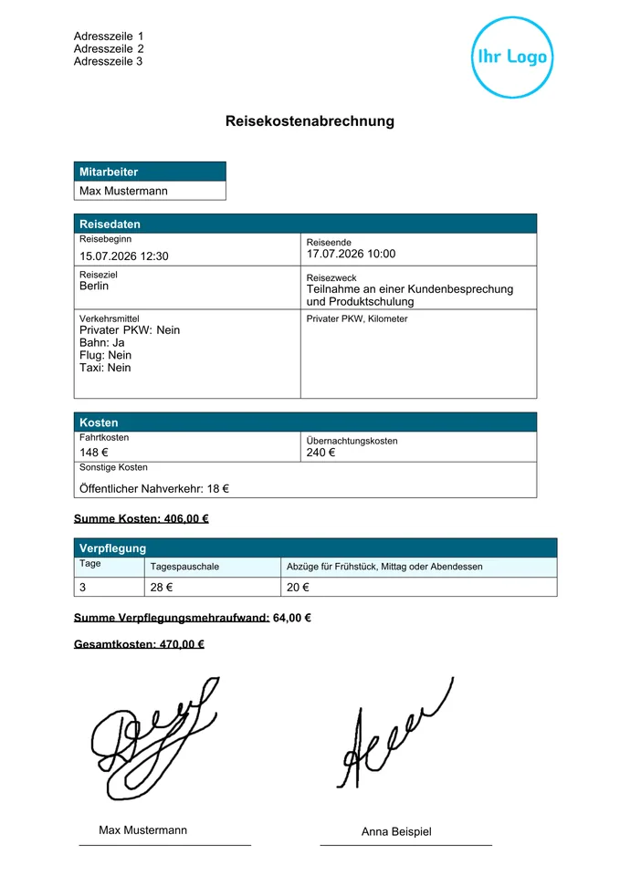 Formularvorlage Reisekostenabrechnung: Beispiel-PDF aus der Formtastic App