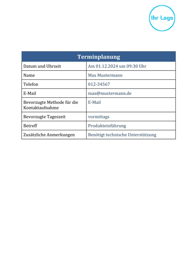 Formularvorlage Terminplanung: Beispiel-PDF aus der Formtastic App