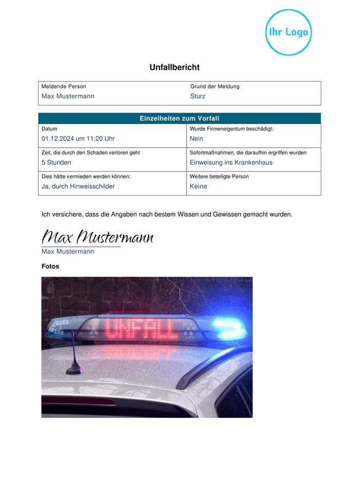 Formularvorlage Unfallbericht: Beispiel-PDF aus der Formtastic App