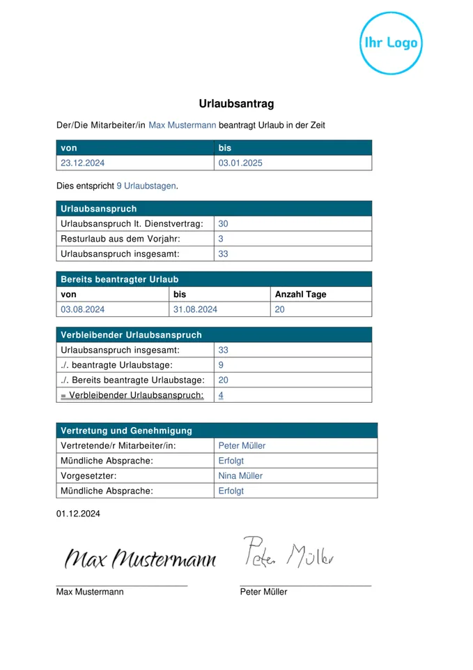 Formularvorlage Urlaubsantrag: Beispiel-PDF aus der Formtastic App