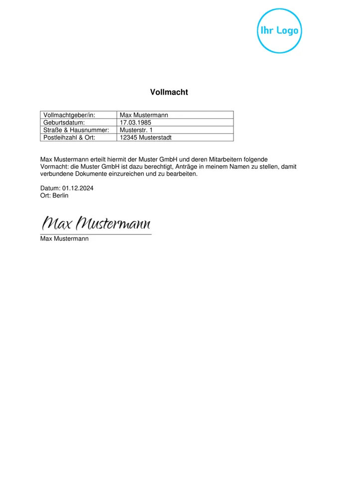 Formularvorlage Vollmacht: Beispiel-PDF aus der Formtastic App