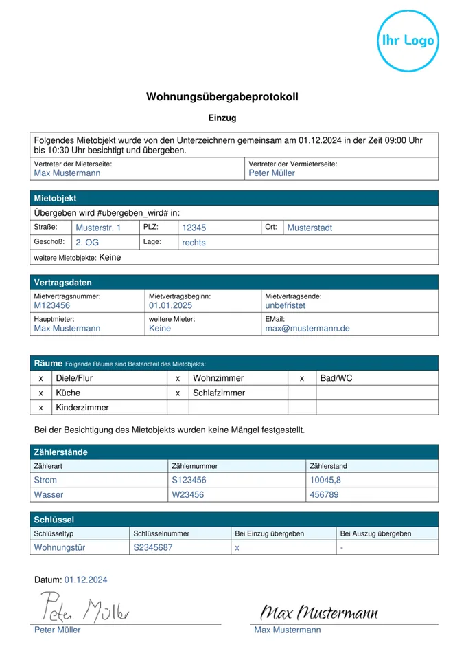 Formularvorlage Wohnungsübergabeprotokoll: Beispiel-PDF aus der Formtastic App