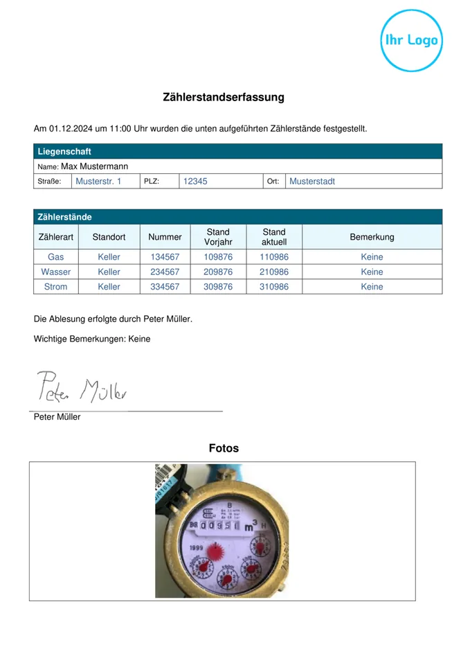 Formularvorlage Zählerstandserfassung: Beispiel-PDF aus der Formtastic App